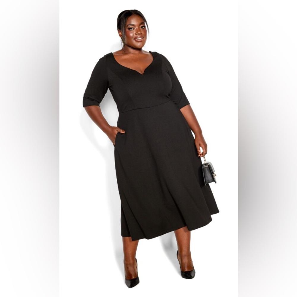 CITY CHIC | Cute Girl Elbow Sleeve Ponte dress black 3/4 slv midi fit & flare